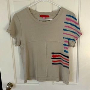 Eckhaus Latta baby tee with tie dye engineered striping and raw edge detailing